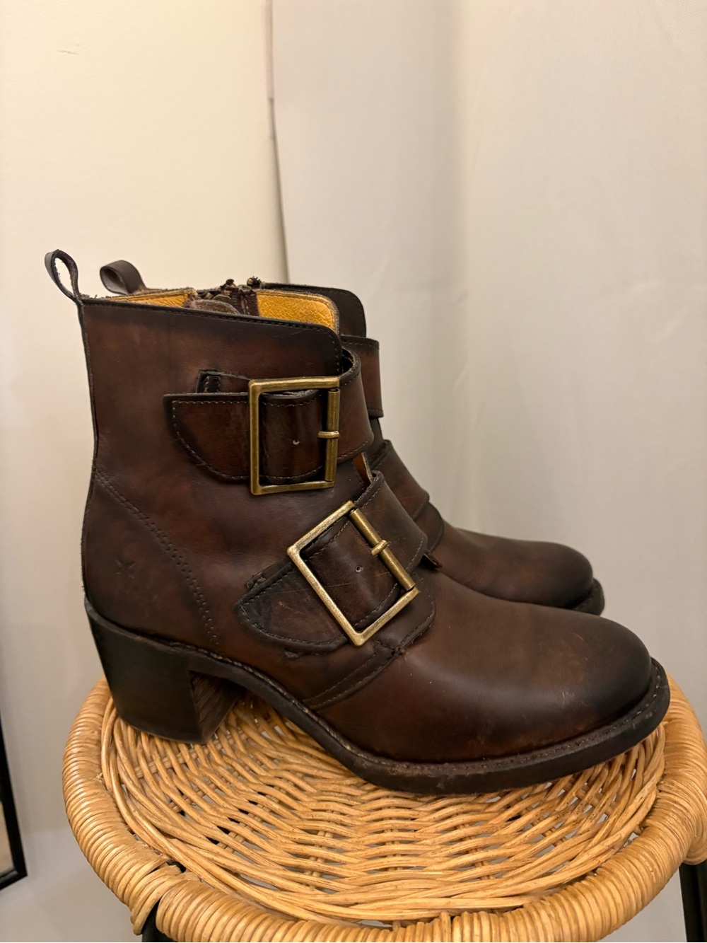 Frye Sabrina Dark Brown Double Buckle Boots Size 8 1/2